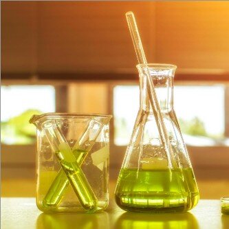 Laboratory technician analyzing olive oil samples in glassware